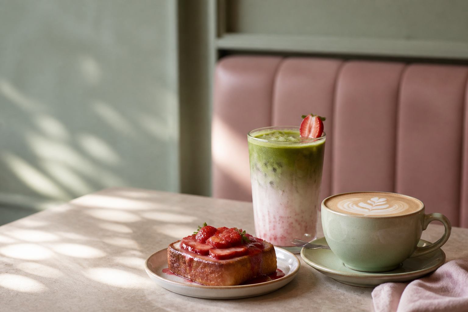 Strawberry matcha, flat white and strawberry French toast at Café de Damos